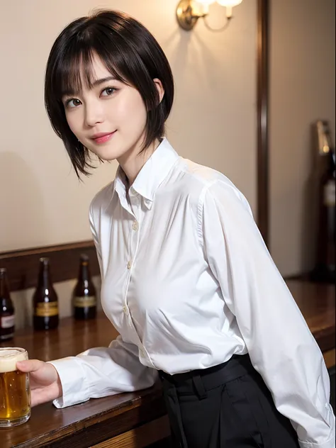 88
(a 20 yo woman,is standing), (A hyper-realistic), (masutepiece), ((short-hair:1.46)), (Smooth black hair), (Breast:1.0), (kindly smile), wear long pants, (Wearing a long-sleeved shirt), (Beautiful skin:1.5), (Drinking beer)v