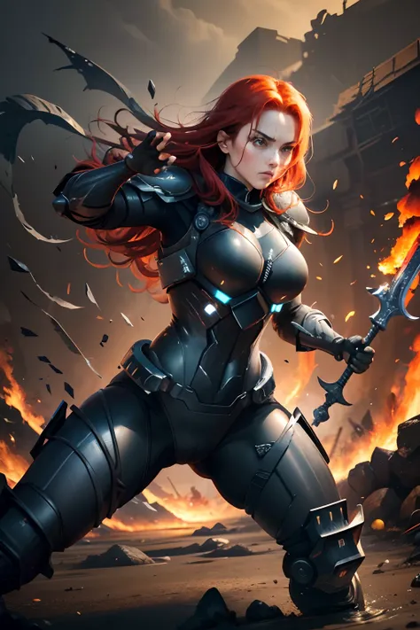 masterpiece, UHD, ((extremely detailed)), ((revealing battle suit:1.3)), (black battle suit:1.4) large beautiful breast, exposed breasts, ((sharp jawline)), (extremely detailed face), battle stance, weapons in hands, ((clear hands)), ((detailed hands)), (h...