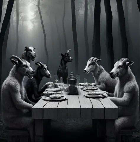 Seven goats and a gray scary wolf sitting at a table in the forest