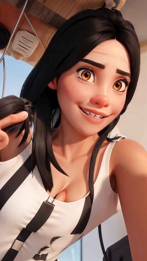 A girl with black hair, and black eyes.