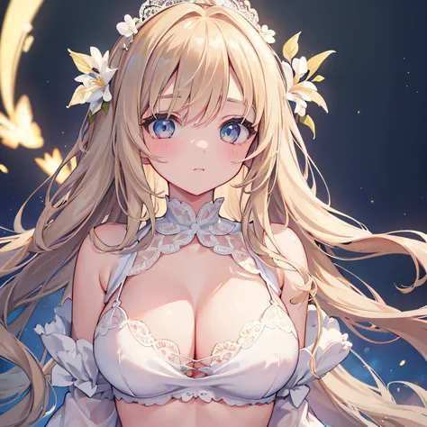 masterpiece, {{{best quality}}}, (illustration)), {{{extremely detailed CG unity 8k, Brilliant light, cinematic lighting, long_focus, cute and charming, sexy, girl, ghibli animation, , long wavy blond hair, 1 girl, very large breasts, seductive, correct_an...