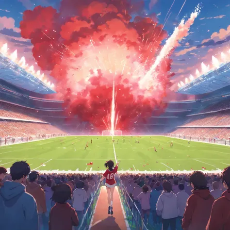 Create a view of the inside of a football field, Un joueur regardant la foule, Realistic Cheerleading, Drapeaux rouges, Red Smoke Bombs, grand drapeau rouge