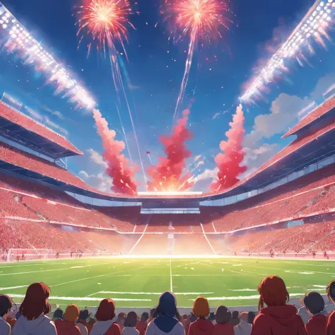 Create a view of the inside of a football field, Un joueur regardant la foule, Realistic Cheerleading, Drapeaux rouges, Red Smoke Bombs, grand drapeau rouge