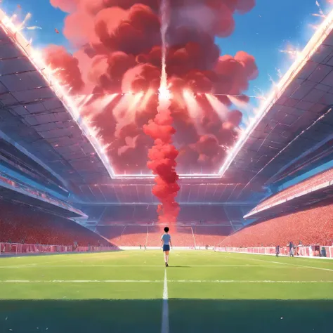 Create a view of the inside of a football field, Un joueur regardant la foule, Drapeaux rouges, Red Smoke Bombs, grand drapeau rouge, nom du stade: Charles Leclerc