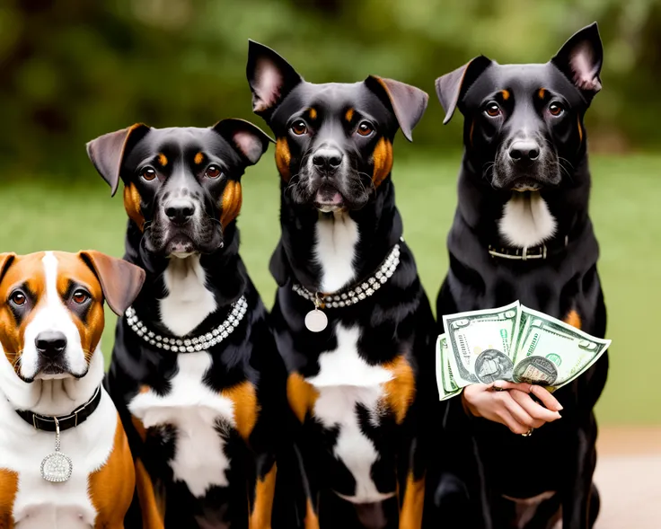 2  dogs standing side by side posing. one wearing diamond jewelry, holding money, wearing a mask.