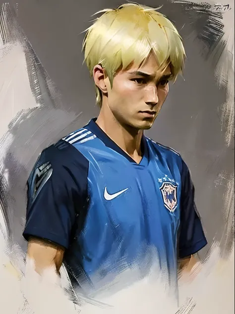 Homem Soccer Player face, style greg rutkowski realist, style anime, Japanese 17 years, Griezzman, cabelo platinado