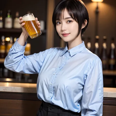 88
(a 20 yo woman,is standing), (A hyper-realistic), (masutepiece), ((short-hair:1.46)), (Smooth black hair), (Breast:1.0), (kindly smile), wear long pants, (Wearing a long-sleeved shirt), (Beautiful skin:1.5), (Drinking beer)