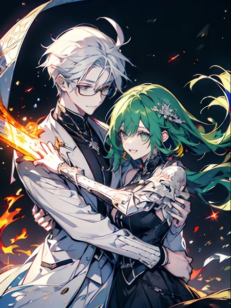 1 male 1 female couple. Girl orang hair hime green eyes. Male white eyes cold lonely . Male white silver hair. Man smart glasses. Girl battle armor. bridal carry pose. Male carrying female.Cute couple. Smiling each other.