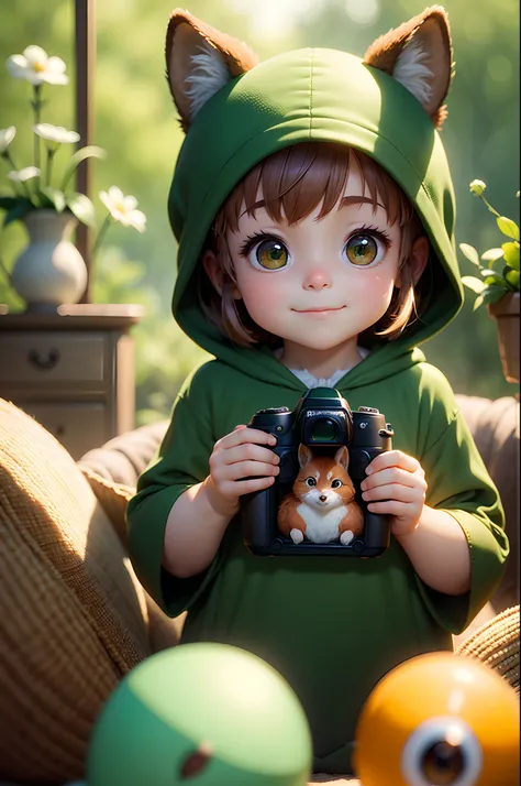 un bébé renard souriant regardant la camera avec des grands yeux verts., Conceptual art, Ghibli-like colours, Pixar, depth of field, ray tracing, bloom, vignetting