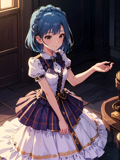 yuriko nanao (million live), 1 girl, Solo, Cute Girl,Best Quality, Ultra-detailed, 8K, High resolution, Bob Hair, smile, idol costume, orange collared shirt, short sleeves, puffy sleeves, light blue bowtie, light blue skirt, pleated skirt, pumps,