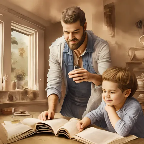 Criar a imagem de Pai e seu filho de 15 anos de idade, both with expressions of astonishment as they read the book. The word illumination is often associated with miniature, termo italiano derivado do latino miniare, which means to paint with minium, um pi...