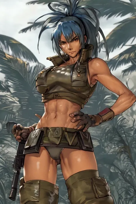 vest and panty,naked,serious,sexy pose,military,desert.Cammo,Sun,hot,guerrilla,tropical,wetting,leona from the king of fighters.