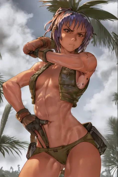 vest and panty,naked,serious,sexy pose,military,desert.Cammo,Sun,hot,guerrilla,tropical,wetting,leona from the king of fighters,belts.