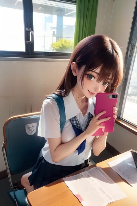 Schoolgirl sitting in classroom playing with mobile phone