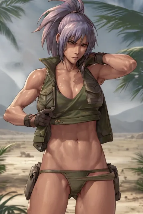 vest and panty,naked,serious,sexy pose,military,desert.Cammo,Sun,hot,guerrilla,tropical,wetting,leona from the king of fighters.