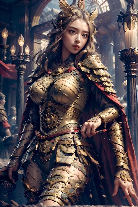 ((masterpiece))), (((best quality))), ((ultra-detailed)), (hyperrealistic), (highly detailed CG illustration), cinematic light, photorealistic ,extremely beautiful young lady, light makeup, big breast,  intricate detailed eaba, red cape, spear