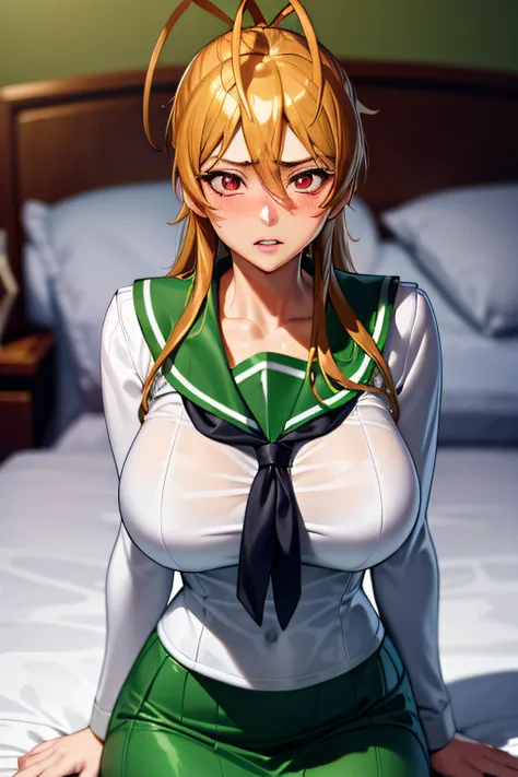 miyamoto rei, school uniform, white shirt, green skirt, masterpiece, best quality, highly detailed, massive breasts, bedroom, la...