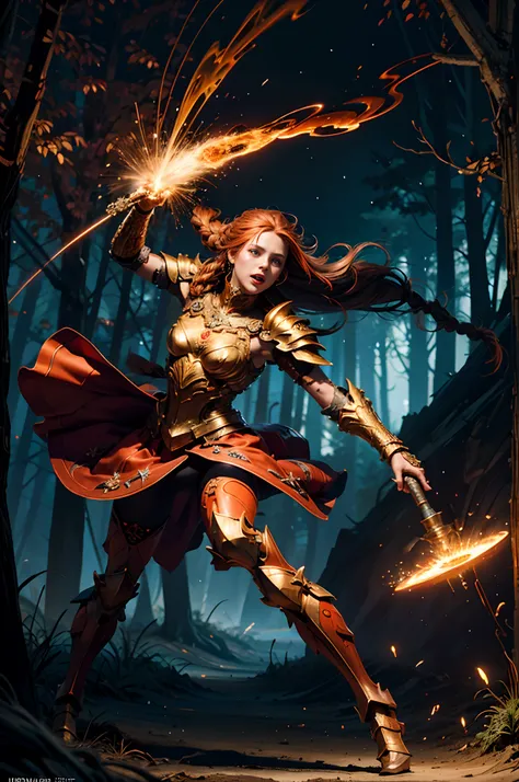 Anthropomorphic, (extremely intricate armour, magical armour red and orange), (extremely detailed background), ((dynamic background)), ((lightning)), (light rays), highest quality,  angry face, body fitness, full body, long hair with braids, at night in th...