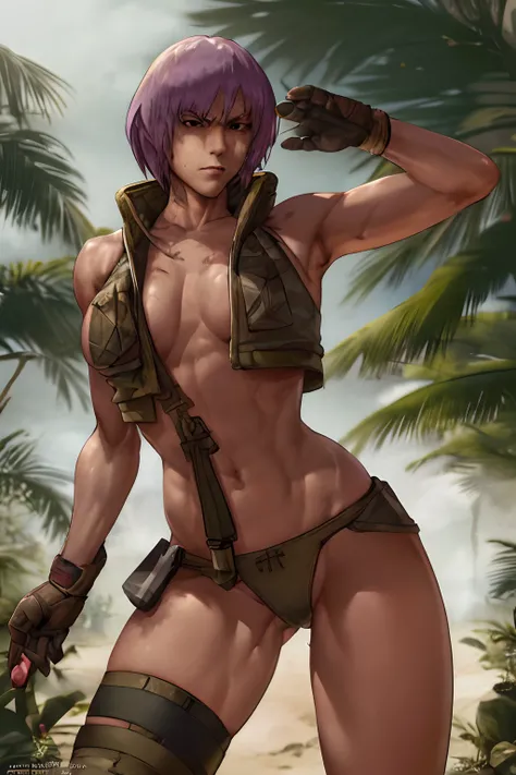 vest and panty,naked,serious,sexy pose,military,desert.Cammo,Sun,hot,guerrilla,tropical,wetting,leona from the king of fighters.