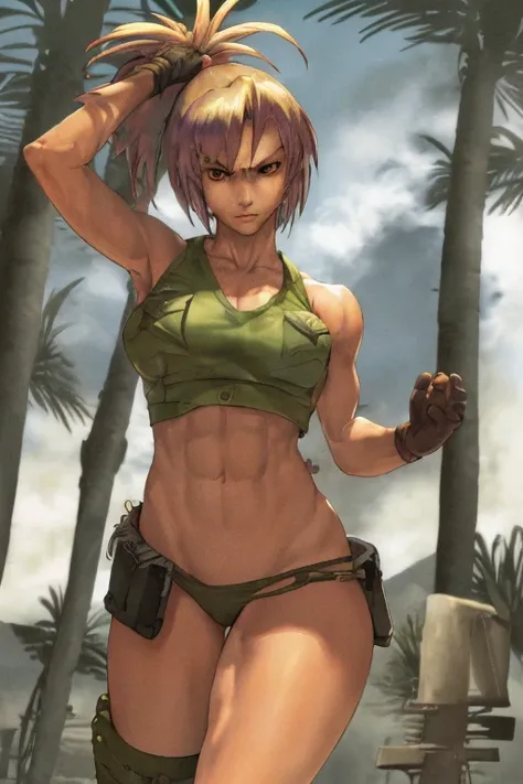 vest and panty,naked,serious,sexy pose,military,desert.Cammo,Sun,hot,guerrilla,tropical,wetting,leona from the king of fighters.