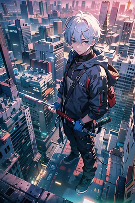 1boy,(A 20-year-old boy:1.5)、face camera. Protagoniste de style anime、Cyberpunk boy、Tenue noire、silver-haired、katanas,mitrailleuse、Corps entier sanglant、Aerial view of the composition、The beginning of the adventure、Beaucoup de nuages,heavy fog、lune,Ville c...