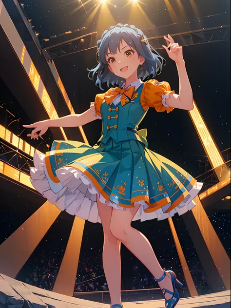 yuriko nanao (million live), 1 girl, Solo, Cute Girl,Best Quality, Ultra-detailed, 8K, High resolution, Bob Hair, smile, idol costume, (((orange collared shirt, short sleeves, puffy sleeves, light blue bowtie, light blue skirt, pleated skirt, pumps,)))