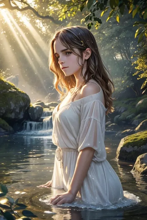 emma watson  taking shower waves,splashing water,peaceful ambiance,magical surroundings,majestic birds in the sky,sunrays piercing through the trees,sparkling highlights,sparkling highlights,vivid nightligt colors,fine brushstrokes,calm tranquility,harmoni...