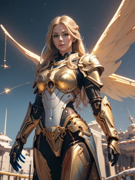 Photorealistic image ((Masterpiece)), ((high quality)) UHD 8K, of a beautiful goddess woman, realistic slim, (medium chest), (skinny waist), (long blonde hair), (blue eyes), ((Hyper-realistic mecha armor, with golden metal and intricate golden ice lights))...