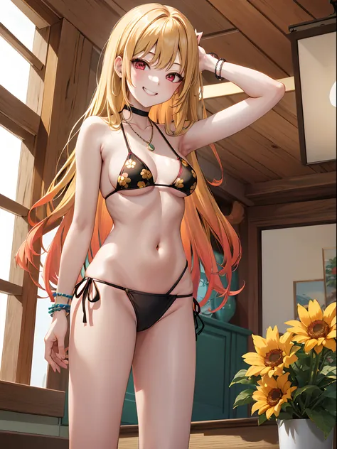 masterpiece, best quality, highres, kitagawa marin, 1girl, blonde hair, long hair, multicolored hair, red eyes, jewelry, necklace, choker, black bikini, floral print, bracelet, side-tie bikini bottom, cowboy shot, indoors, room, standing, grin, straight-on...