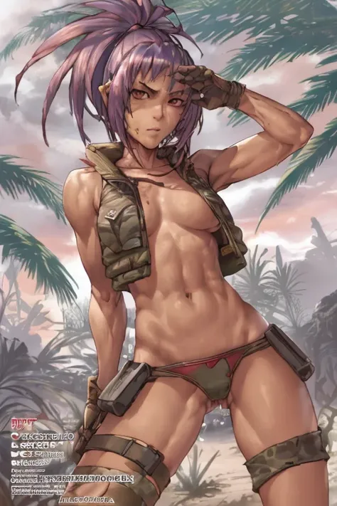 vest and panty,naked,serious,sexy pose,military,desert.Cammo,Sun,hot,guerrilla,tropical,wetting,leona from the king of fighters.