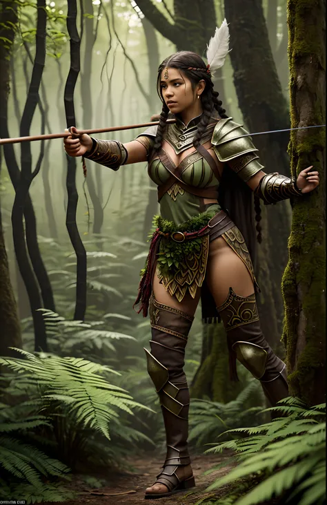 (a high-resolution, realistic) Light skinned black girl, druid in the style of Dungeons and Dragons, holding a bow, with the bow drawn and taking aim at an orc. The girl is dressed in armor made entirely of leaves.

Additional details: The girl has intrica...