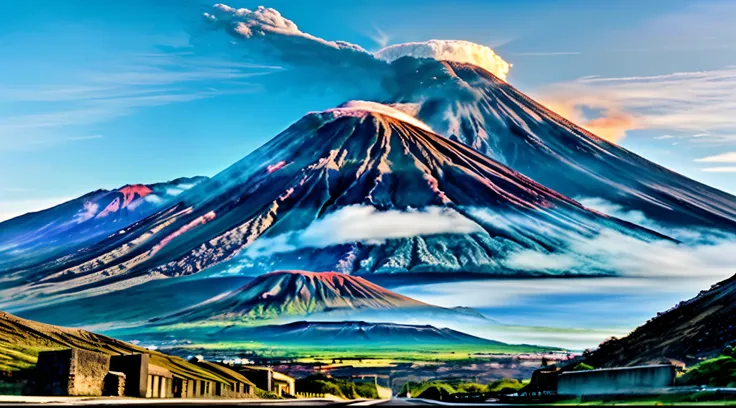 A close up of a road with a mountain in the background, volcano in background, volcano in the background, volcano setting, active volcano, with a volcano in the background, moutain in background, volcano landscape, mountain in the background, in volcano, m...