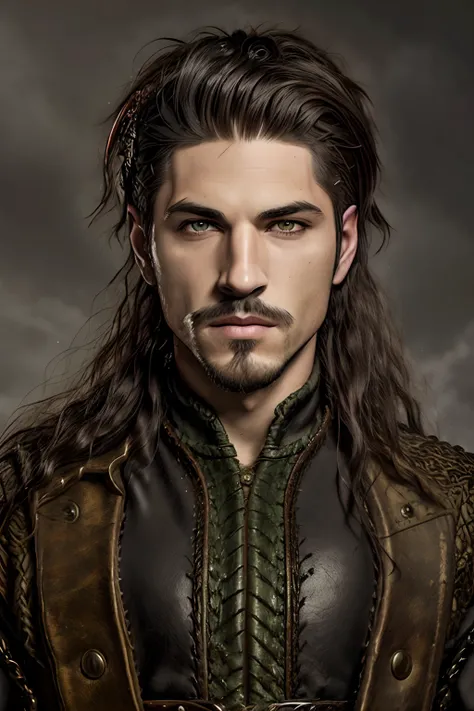 Fantasy portrait. Man in mid-twenty’s. Handsome. Green eyes. Long black curly hair. Mustache and goatee. Young. Attractive. Black clothes. Fantasy art. Dungeons and dragons art. Black hair lightly tanned skin