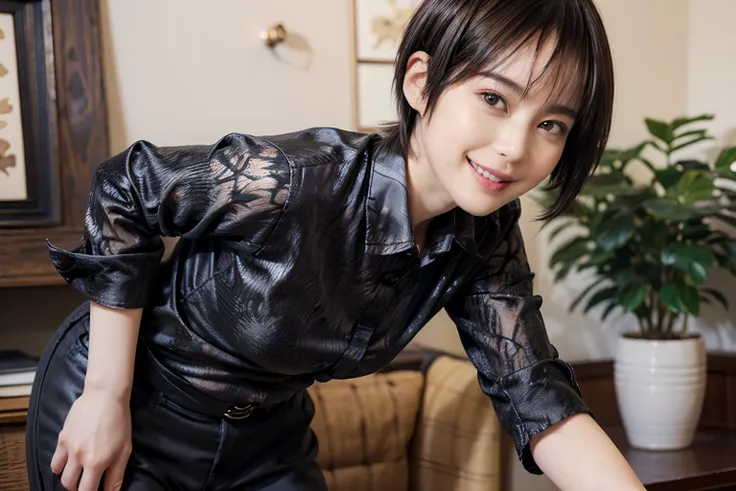 89
(a 20 yo woman,is standing), (A hyper-realistic), (masutepiece), ((short-hair:1.46)), (Smooth black hair), (Breast:1.0), (kindly smile), wear long pants, (Wearing a dinosaur print long-sleeved shirt), (Beautiful skin:1.5), (painterly、picture frame)