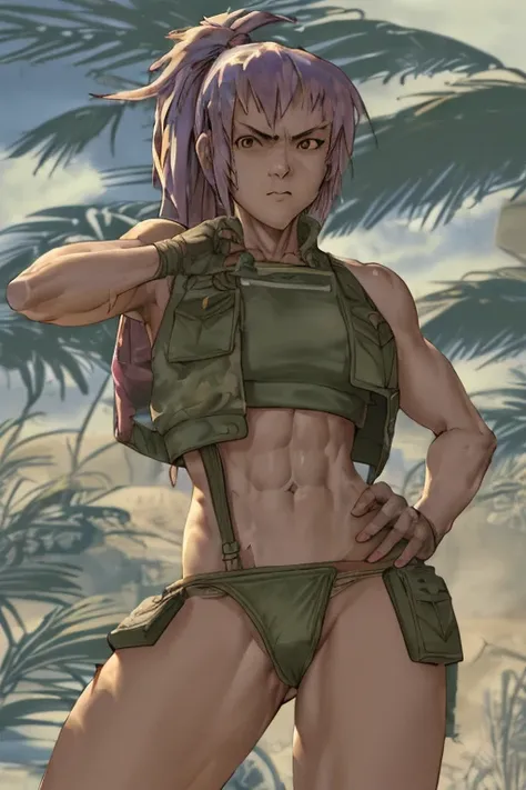 vest and panty,naked,serious,sexy pose,military,desert.Cammo,Sun,hot,guerrilla,tropical,wetting,leona from the king of fighters.