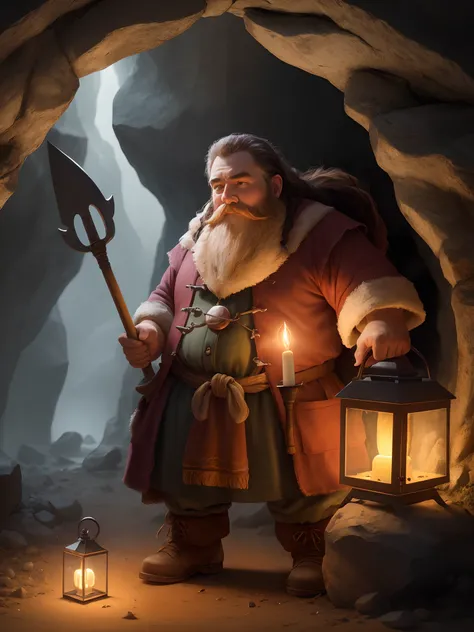 Dwarf with a long and big dark brown beard - Minning in some caves - Holding a pickaxe with both of his hands - A lantern posed on the ground