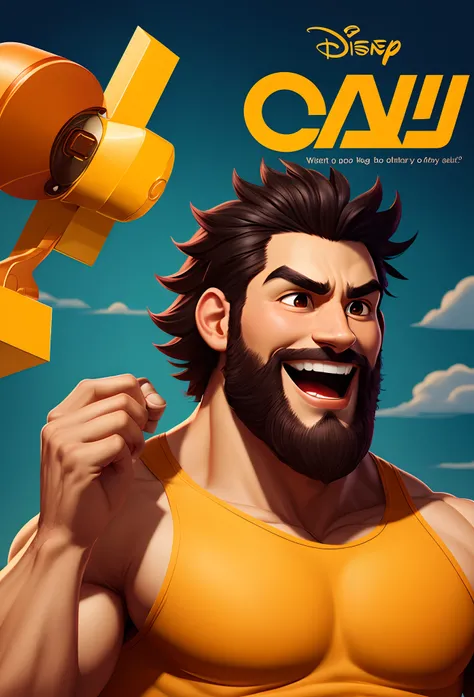 Disney Pixar-inspired movie poster with title [Cadu]. [ 30-years-old young good looking man,
with a orange color ribbed tank top, a silly smile on his face, a
dark blown hair haircut, well-shaped and defined dark brown beard, black colored eyes and eyebrow...