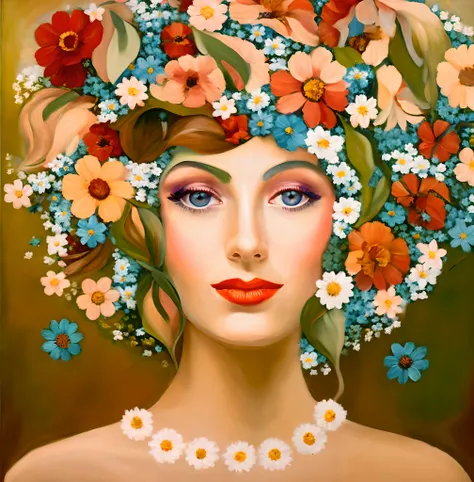 Painting of a woman with a flowery hat and necklace, girl with a flower head, deusa flor, mulher nas flores, retrato feminino com flores, Turbante floral, menina com um rosto de flor, rainha da flor, turbante flor vibrante, Retrato caprichoso, art deco flo...