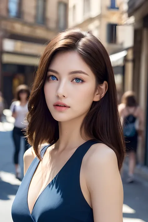 (Italian woman、Beauty in perfect style:1.4、Slender Abs:1.2、((dark brown hair、Blue Eye、爆乳:1.2))、(natural soft light、City Street:1.1)、Face and skin texture、Eye for detail、二重まぶた