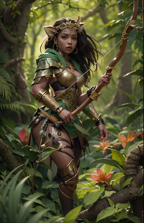 (a high-resolution, realistic) (((Light skinned))) (((black girl))), druid in the style of Dungeons and Dragons, holding a bow, with the bow drawn and taking aim at an orc. The girl is dressed in armor made entirely of leaves.

Additional details: The girl...