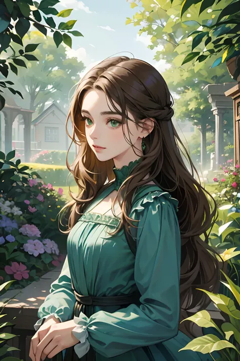 a digital painting of a woman with long brown wavy hair, green eyes, a young noble woman from the 1800s , soft features, dark blue dress, in a garden, portrait style Dark blue dress