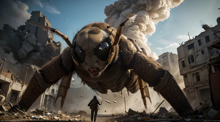 Attack of Titan in the shape of an insect (Blattoptera, arachnids, ...) against humans. high-quality masterpiece. colossal destruction, intense action, emotional encounters, human battles, epic battles, military uniforms, flying cables, ruined buildings, g...