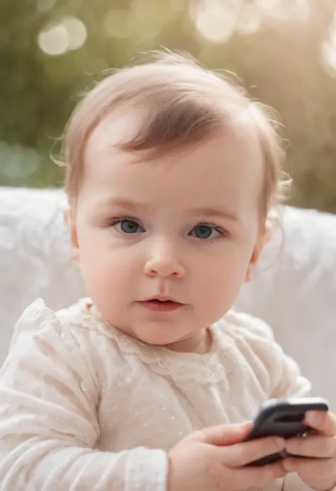 baby playing on her cell phone, red eyes