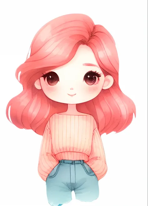 A drawing of a girl with pink hair and a sweater, menina bonito com cabelo rosa curto, menina kawaii bonito, estilo de arte bonito, menina cor-de-rosa, cartunesco bonito, desenho animado bonito, com cabelo rosa, menina chibi, estilo bonito dos desenhos ani...