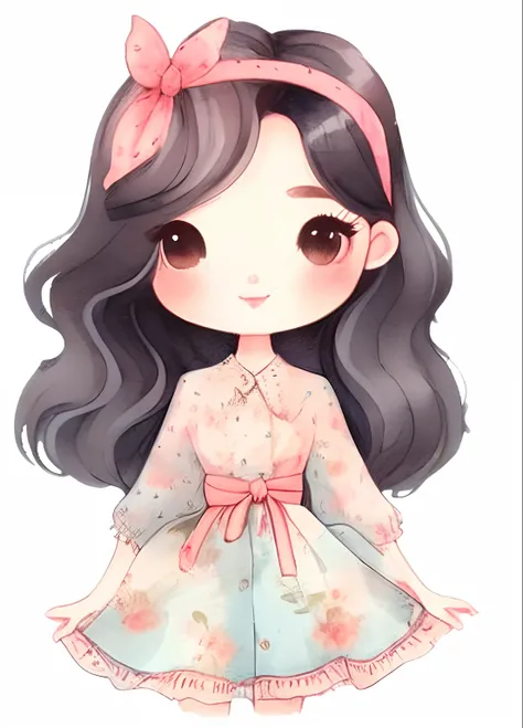 A cartoon girl with long black hair wearing a dress and a bow tie, menina kawaii bonito, estilo de arte bonito, desenho animado bonito, menina chibi, cartunesco bonito, Ruan Vtuber Fofo, arte digital bonito, kawaii chibi |, cabelos pretos e olhos grandes, ...