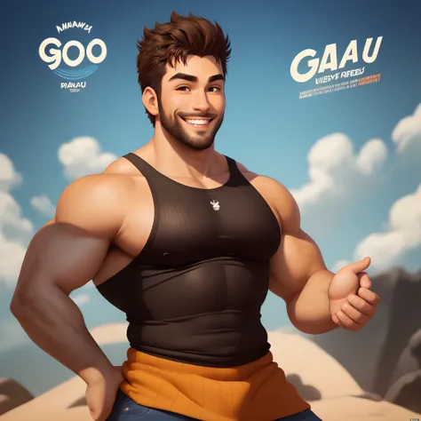 Disney Pixar-inspired movie poster with title [Cadu]. 30-years-old young good looking man,
with a orange color ribbed tank top, a silly smile on his face, a
dark blown hair haircut, well-shaped and defined dark brown beard, black colored eyes and eyebrows,...