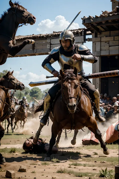 A medieval warrior in an epic fight in the middle of an open field with battering rams, catapultas e cavalos armados, 8k, high detail