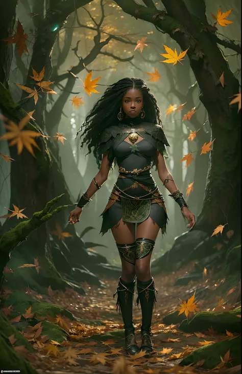 ((16-year-old))) black girl, (((light skin))), druid, magical aura surrounding her, she is in a mysterious dark forest with monsters surrounding her, (((thigh gap))), (((cameltoe))), (((close-up full body pose))),  long black wavy hair, high heel boots, ((...