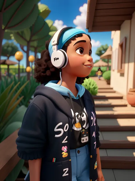 Menina preta usando fones de ouvido no jardim Disney Pixar de alta qualidade melhor qualidade usando camiseta dos gorilazz