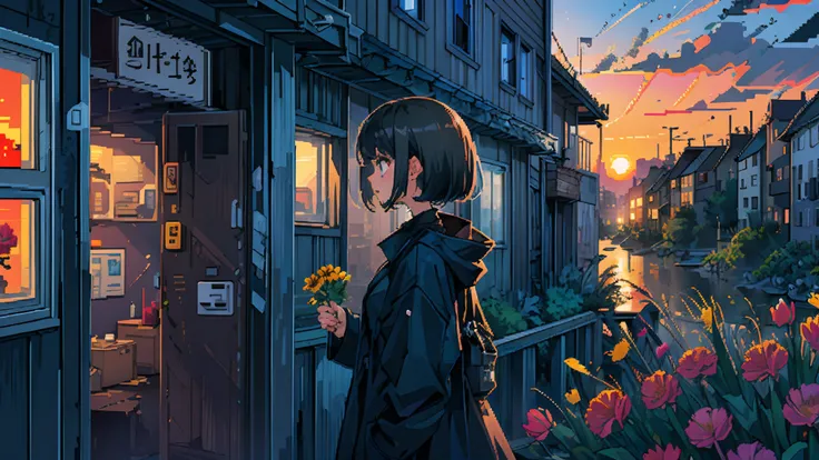 girl with, Black coat, A dark-haired, abandoned houses, Entirely in pixel art, short-haired, holding a flower, during a sunset, A dark-haired　profile　study